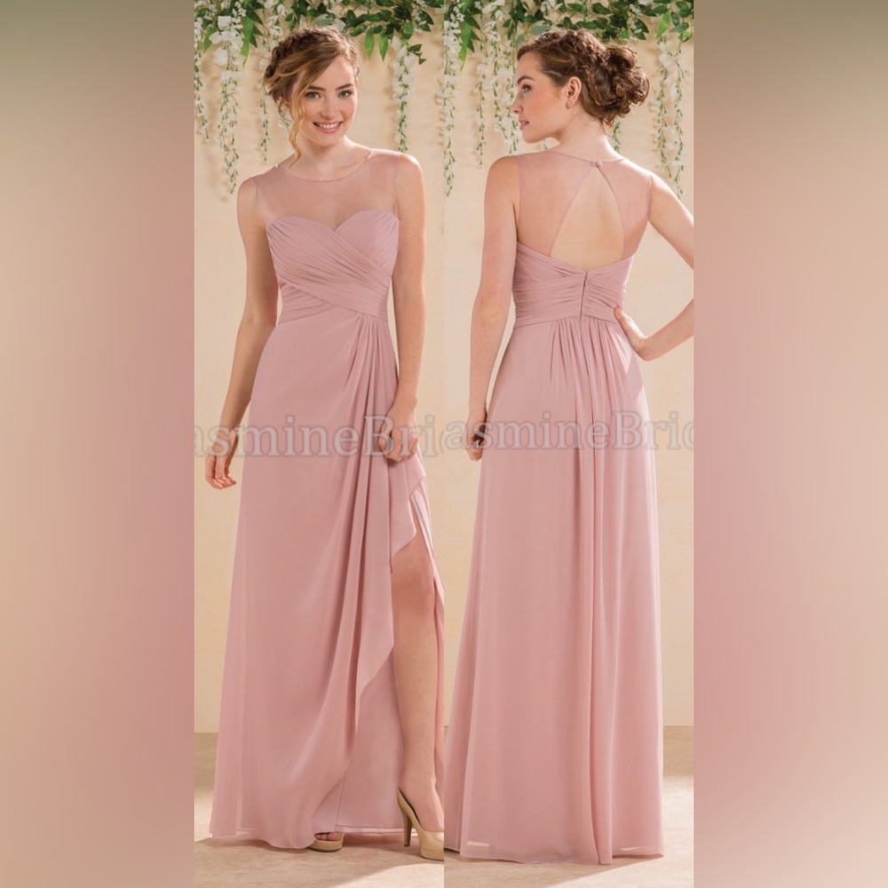 B183013 Long Sweetheart Illusion Neckline Poly Chiffon Gown with slit